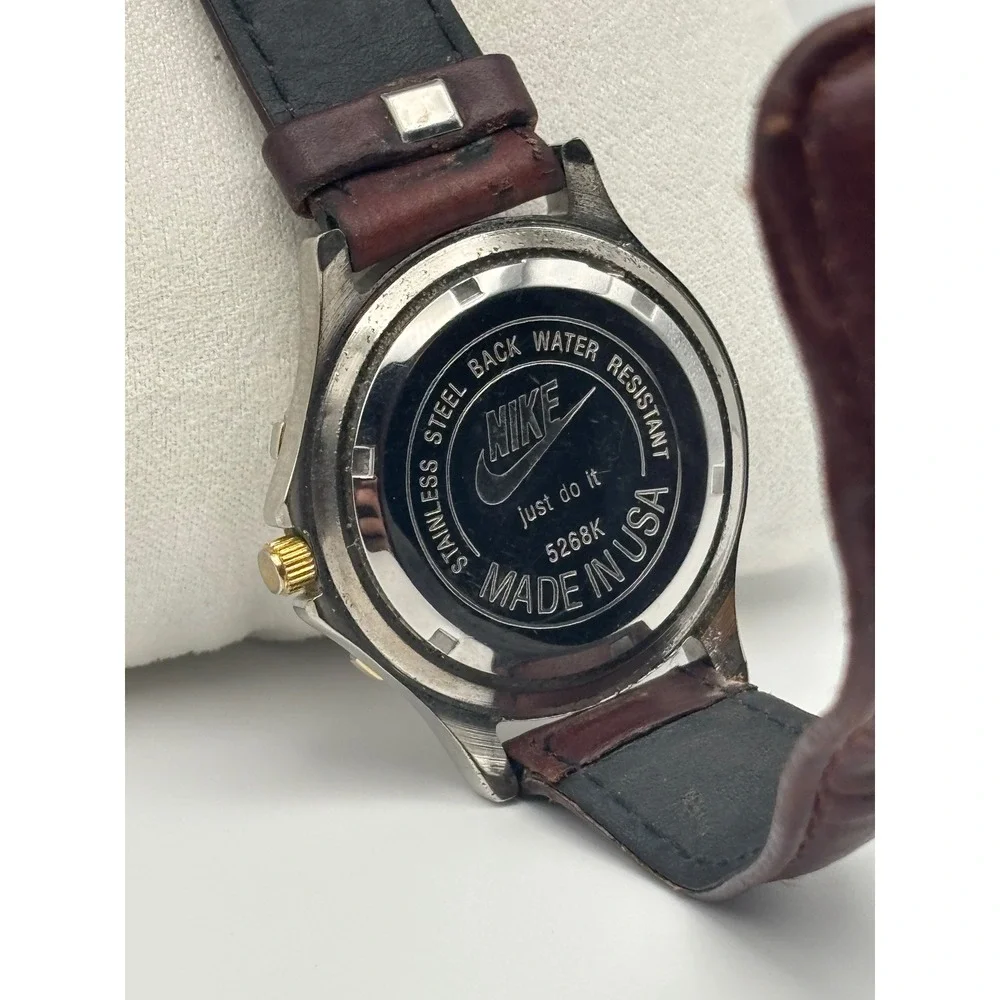 Vintage Nike Air Made in USA Watch Brown Leather Strap 5268K Silver Gold Tone